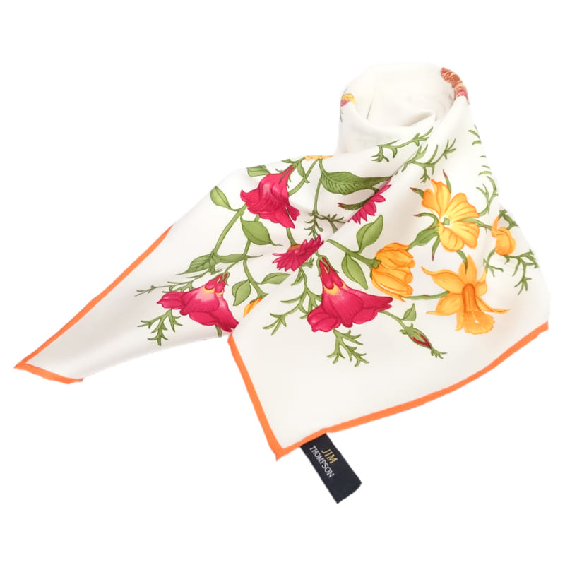 スカーフ 花柄(白・オレンジ) － SCARF FLOWER DESIGN WHITE&ORANGE
