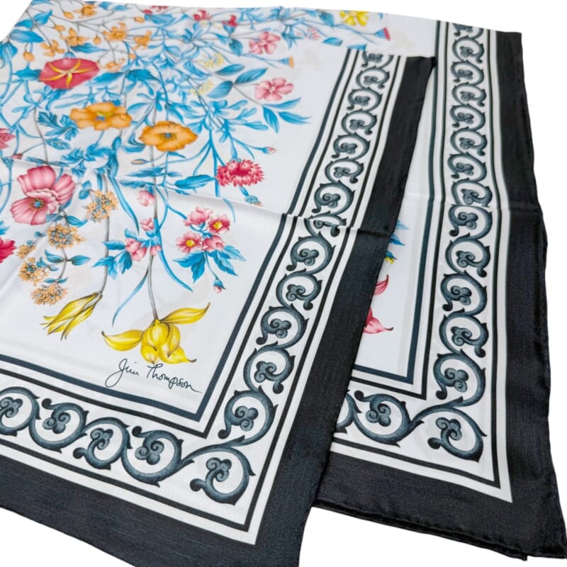ジムトンプソンスカーフ（Jim Thompson scarf）-花柄｜ホワイト・濃紺