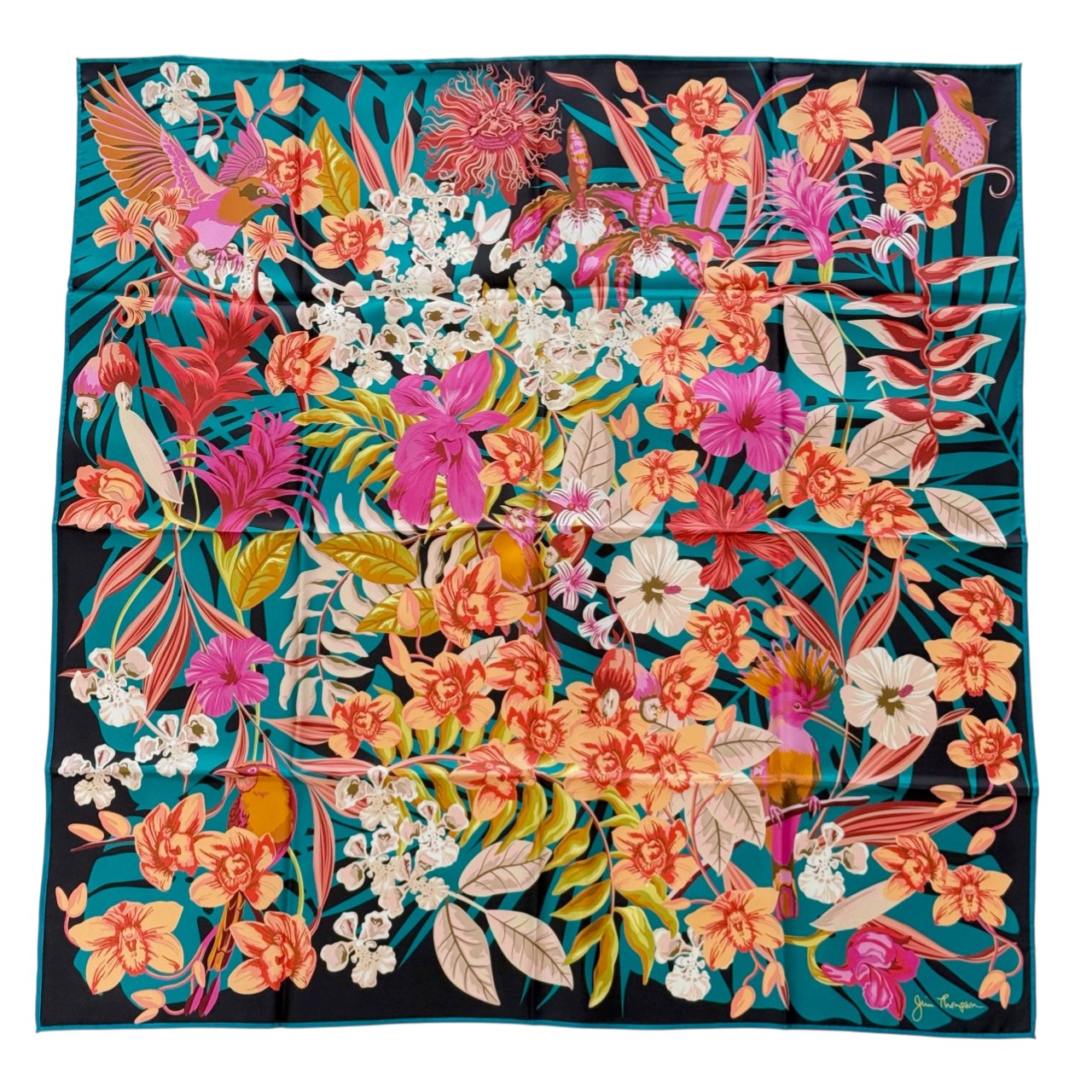 ジムトンプソンスカーフ(Jim Thompson scarf)-花・鳥柄|ターコイズブルー