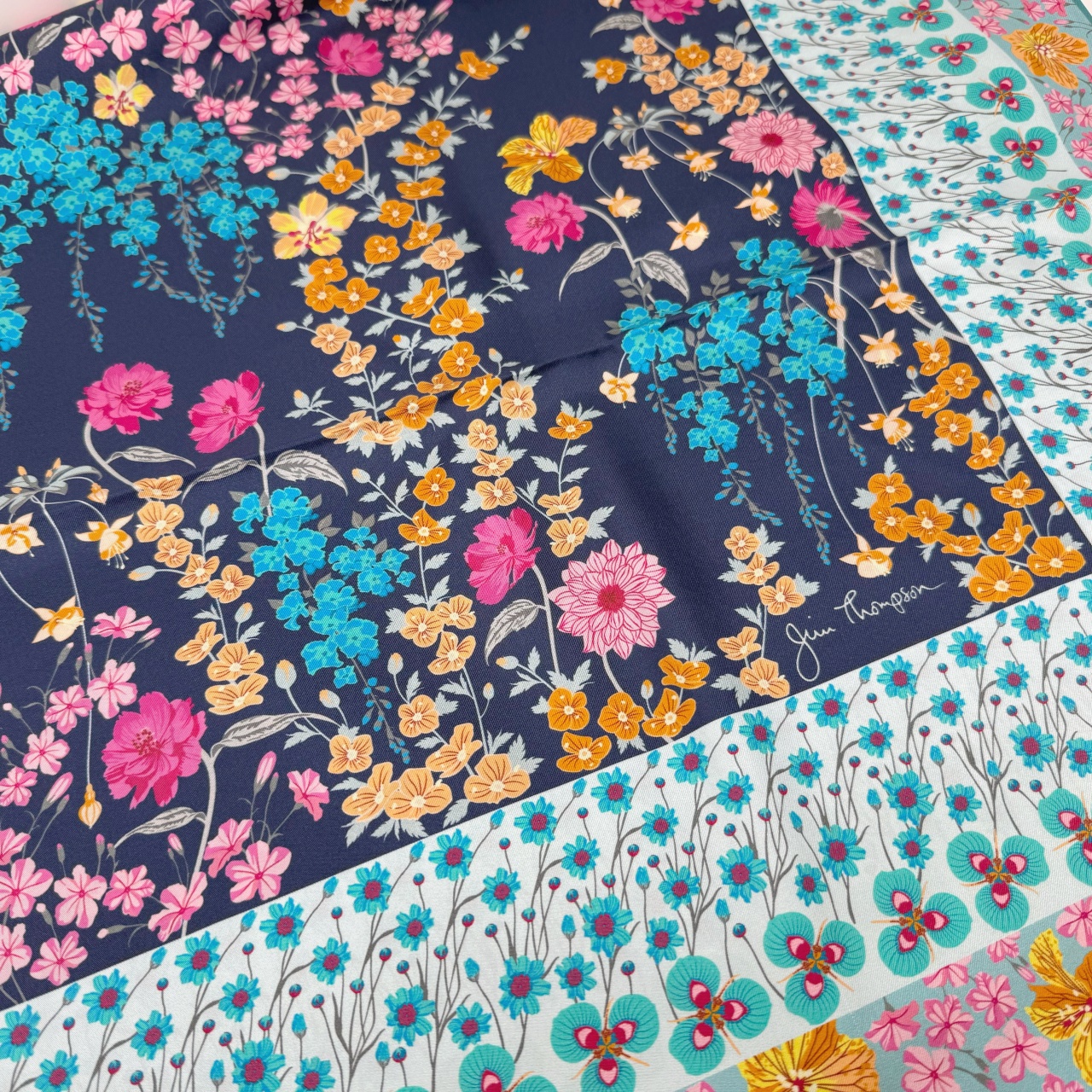 ジムトンプソンスカーフ(Jim Thompson scarf)-RWQAR_FLOWER_DK_BL